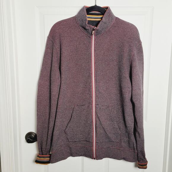 Robert Graham Sweater Mens Large Burgundy Gray Full Zip Cotton Mock Neck Knit - Picture 1 of 12